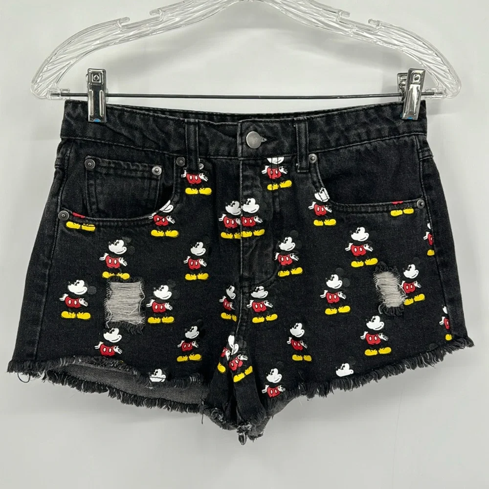 Mickey Mouse Disney Distressed Black Denim Cut-Off Jean Shorts‎ Small size 26
